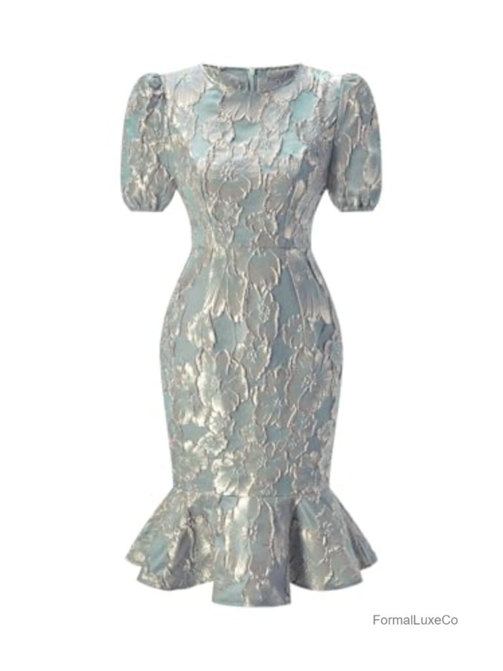 Floral Jacquard Puff Sleeve Fishtail Cocktail Dress